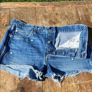 Amo Embroidered Daisy Distressed Blue Jean Shorts with Raw Hem